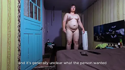 Naked Curvy Brunette on Vibration Platform Reads Comments with English Subtitles