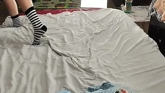 Sexy brunette doing naked chores around the house.