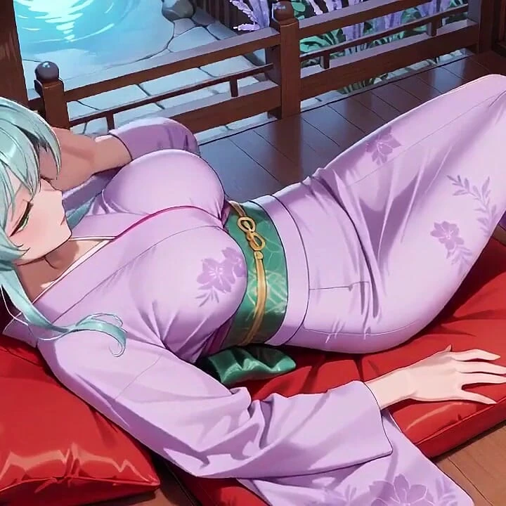 Yeşil saçlı kimono kızının özel sabahı! Mor yukata hafif nemli, Japon odasında yatakta diz çöküp yatıyor