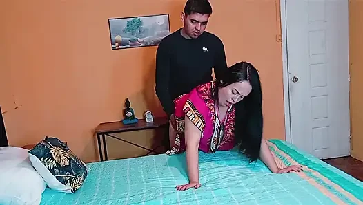 Indian stepmom fucking her big-cocked stepson doggy-style while cleaning the house.