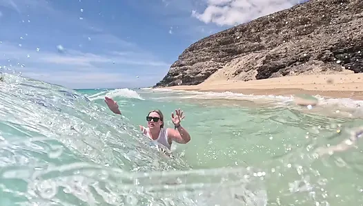 Girl Wetting Jeans in the Ocean and Swimming in Wet White T-shirt