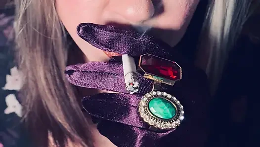 BBW Smoker Tina Snua Wears Purple Satin Gloves & Jewellery & Tip To Tail 2 Cigarettes - Domme Smoking BBW OMI OME