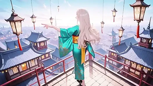 Yeşil kimonolu sarışın! Tembel teras okuması, omuz dışı tasarım çok günah!