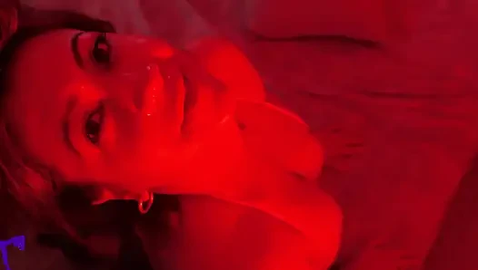 Horny Latina MILF in Red Light Spits on Cock, Sucks Balls, Gives Handjob and Facial Cumshot
