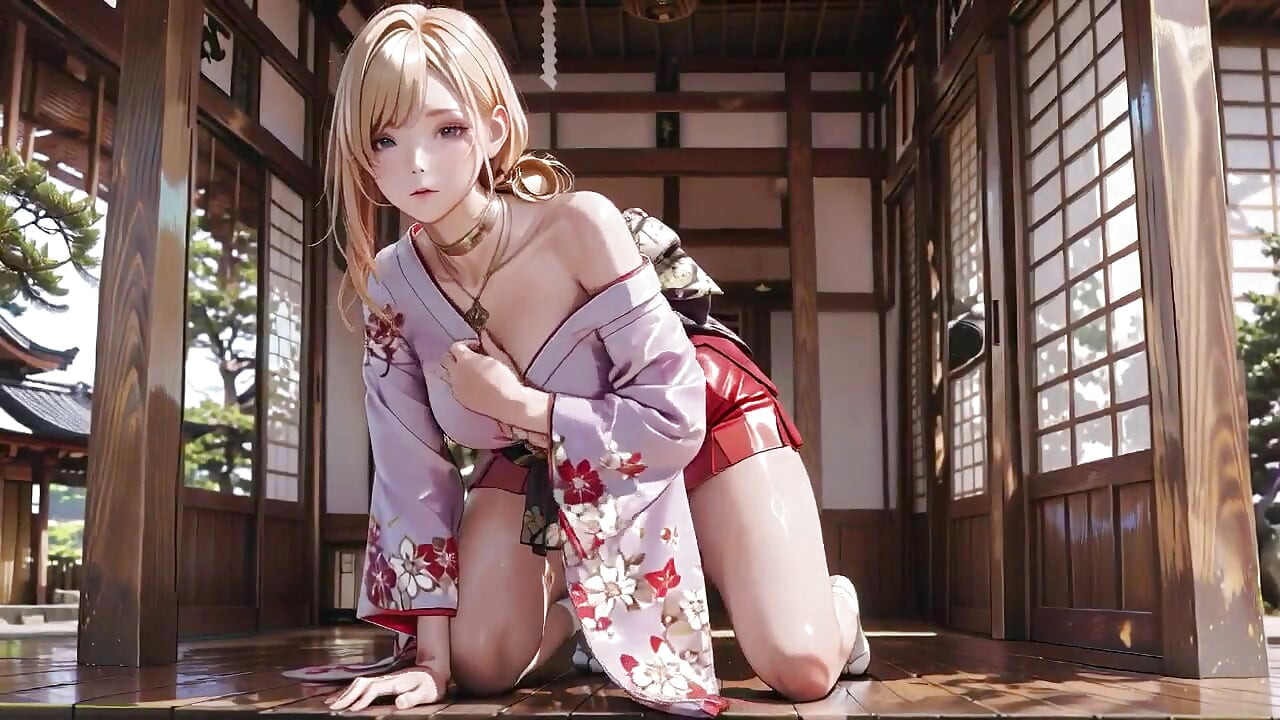 Japon koridorunda sarışın tanrıça, tembel bakışlar, kalçalara el, güneş ışığı tenini sırılsıklam ediyor.