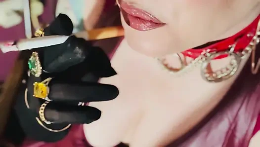 Red Leather & Cigarettes! Tina Snua Smoking A Cigarette Wearing Black Sheer Gloves & Jewelry