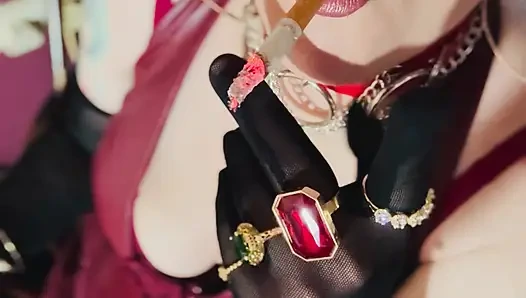 Red Leather & Cigarettes! Tina Snua Smoking A Cigarette Wearing Black Sheer Gloves & Jewelry