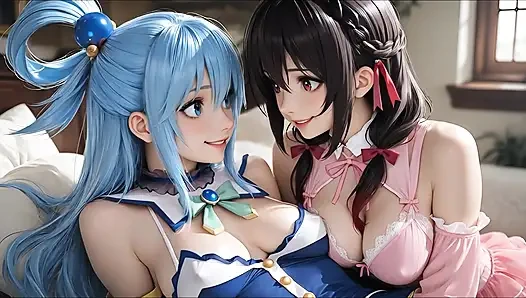 Konosuba soft show'dan sfw aqua ve yunyun lezbiyene dokunuyor ve öpüşüyor