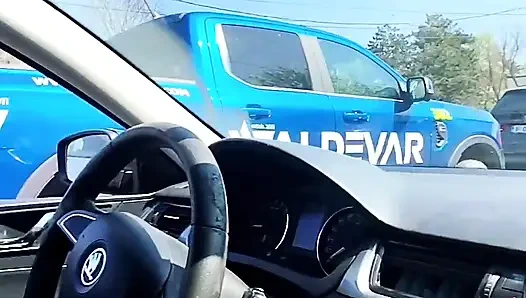 Almost caught! He jerks off in traffic in front of me, I love watching. Big cumshot! Part 1