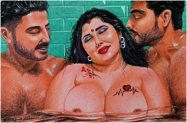 Seksi Hintli bir kadının iki erkek kardeşiyle ateşli bir ilişki yaşadığını erotik sanat veya çizim
