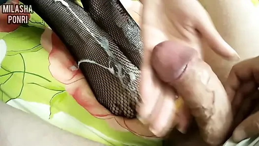 Real homemade footjob with stepsister in black stockings. LOTS OF CUM ON MY FEET