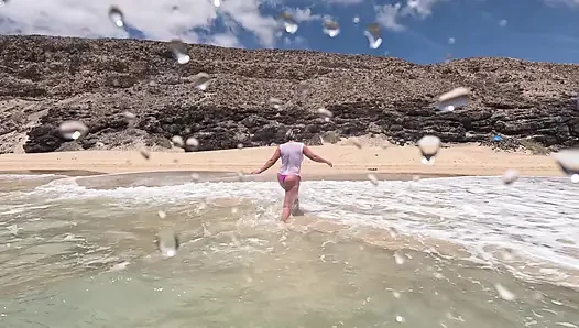 Girl Wetting Jeans in the Ocean and Swimming in Wet White T-shirt