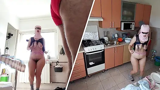 Crazy amateur couple having fun in the kitchen