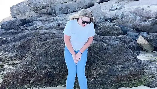 Peeing in Tight Jeans on the Beach