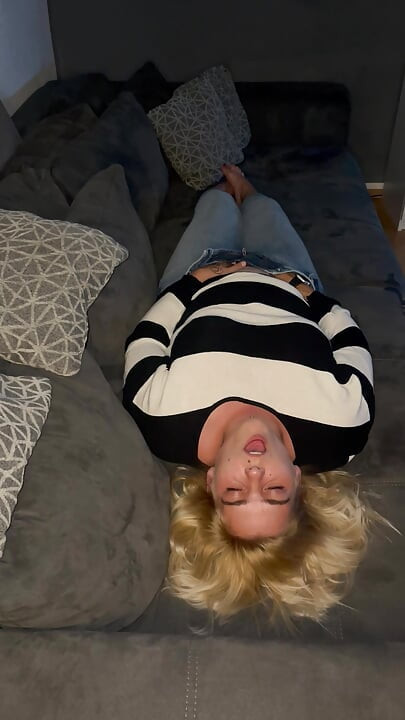 Bonie and Clyde masturbation blonde solo sexy horny wet trembling twitch moaning multiple orgasms couch jeans satisfyer
