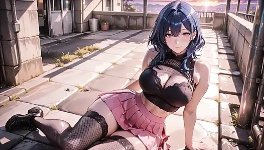 Büyük memeli mavi kouhai çığlık atarak boşalıyor balkonda gün batımı parlıyor