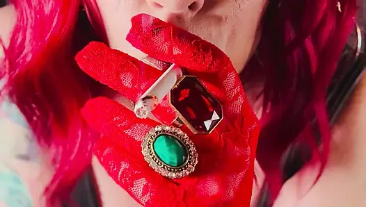 Stunnng Red Haired Cougar Tina Snua Smokes A Cork 100 Cigarette In Red Lace Gloves - Smoking OMI Snap Inhales Nose Exhales