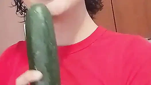 Beautiful femboy arrives at his house excited and decides to smear his body with oil and play with a cucumber
