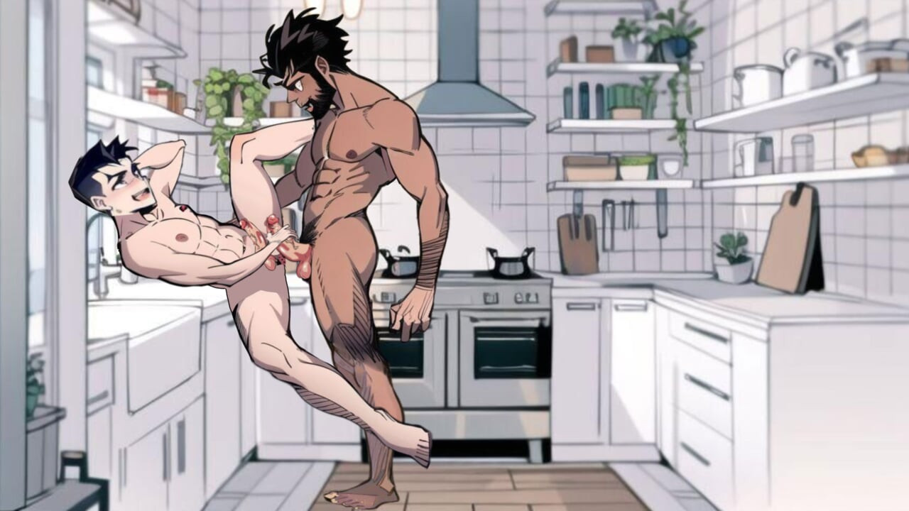 Irklararası twink ve kaslı siyah üniversiteli oda arkadaşları mutfakta, anal seks, eşcinsel çizgi film hentai animasyonu