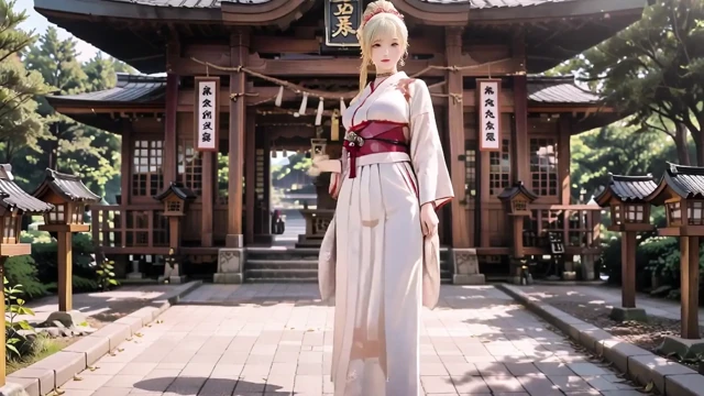Torii kapısının altında diz çökmüş, bej modifiye kimono giymiş halde göğsüne dokunuyor ve köprücük kemiğini okşuyor