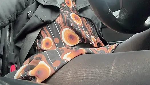 Elegant stepmom drives to the office wearing tights and a beautiful dress