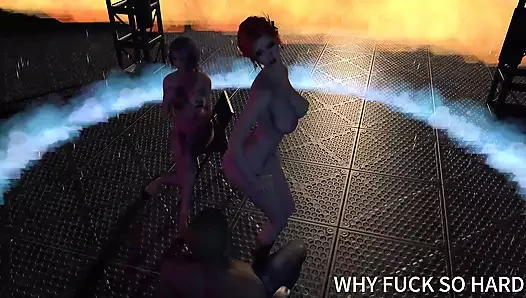 3 boyutlu iki azgın sürtük Asyalı fahişe ıslak amcığını sikmek için büyük yarağı azdırıyor