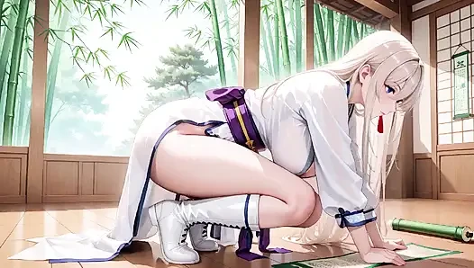 Beyaz Kimono hizmetçi! Japon koridorunda diz çöküyor, güneşin altında ıslak kalçaları ortaya çıkaran büyük yarık.