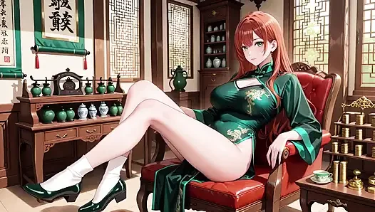 Kızıl saçlı ve zümrüt qipao! Doğu avlusunda tembel baştan çıkarma