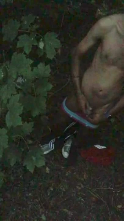 Возбужденный молодой паренек дрочит на улице и кончает