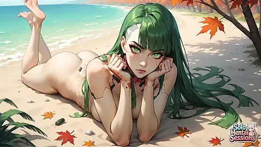 Plaj kenarında yeşil tanrıça tesellisini içiyor