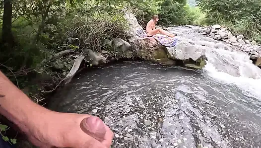 MILF Caught Taking Topless Photos by a Voyeur Ends with a Squirt and Her Face Covered in Cum