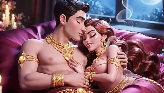 Erotik çizgi film çift - tutkulu öpüşme ve mum ışığında romantik ön sevişme