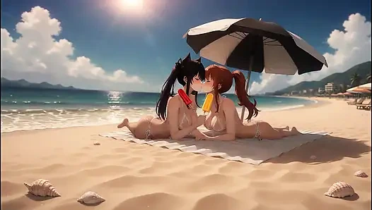 Готическая красотка AI встречается с рыжей красоткой - пляжный кроссовер (поедание ледяного попа)