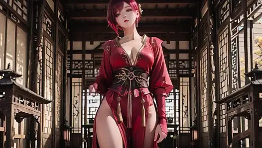 Yüksek yarıklı kimono giyen mor saçlı gardiyan, ateşli bir bakış ve ıslak, yasak bir fışkırarak gözlerinizi azdırmak için diz çöküp.