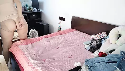 Amateur brunette tries on clothes and cuts them, hairy pussy, big ass.