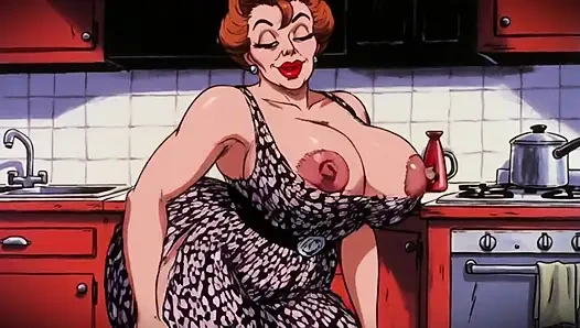 Klasik çizgi film tarzı mutfakta çıplak kadınlar