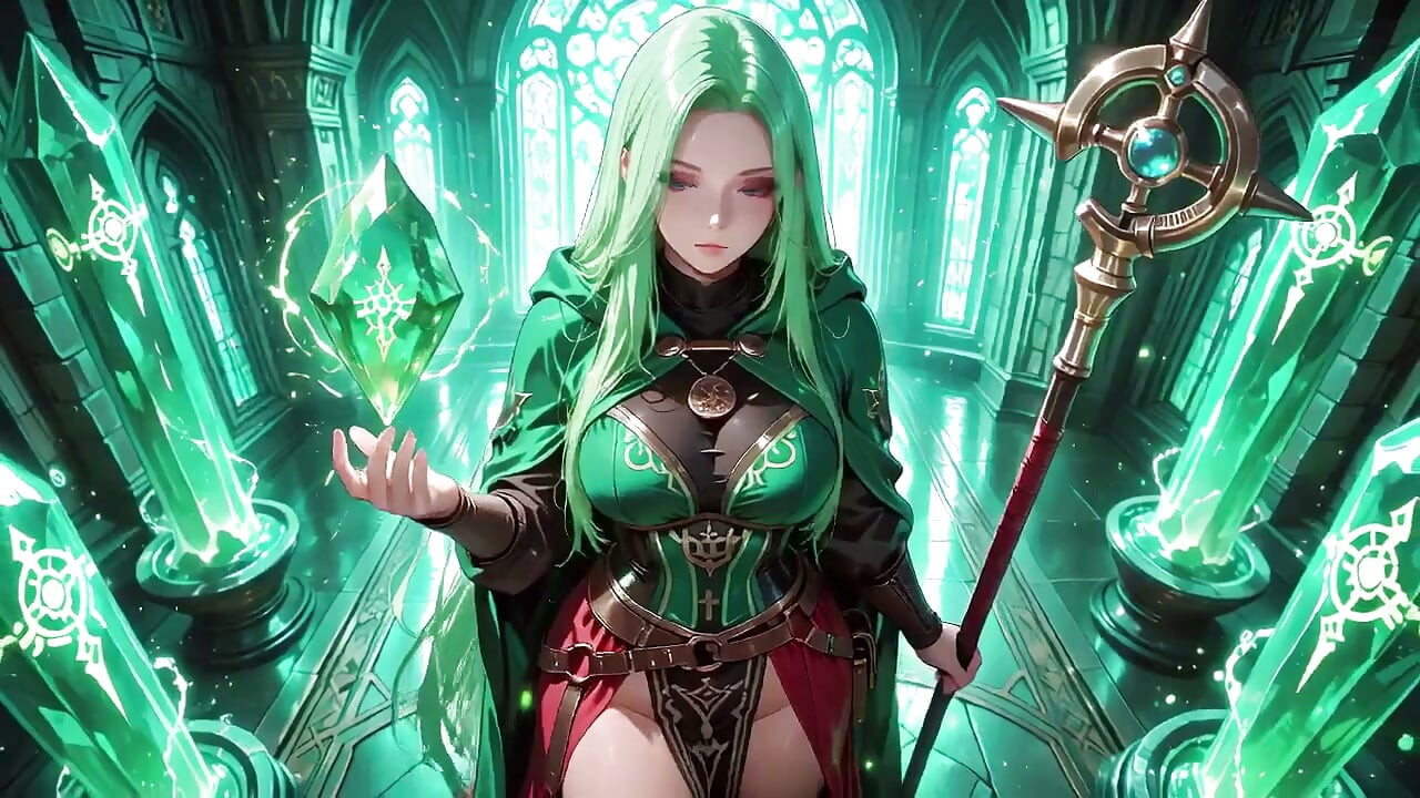 Gotik bir katedralin ethereal mavi parıltısı altında, personeliyle diz çöker, gözleri sana kilitli.