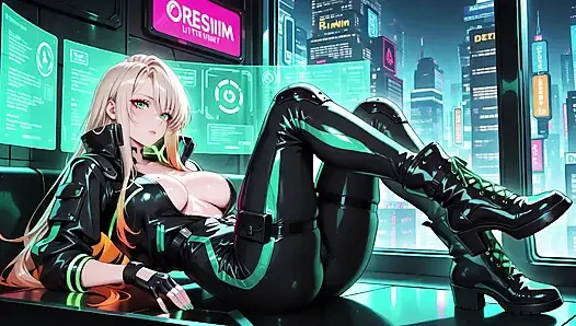 Neon Yağmur Gecesi! Islak deri çömelmiş sarışın ajan düşük, holografik parıltı ve soğuk bakışlar.