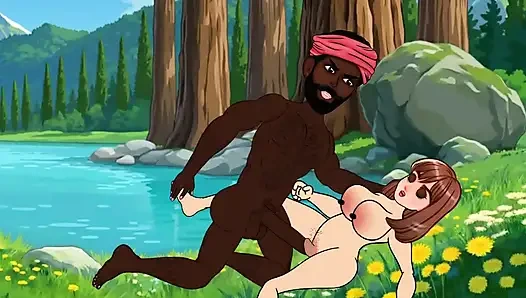 22-year-old Sabina fucked a big cock in the village man in the pond and dropped the water of the penis. Black thick cock.