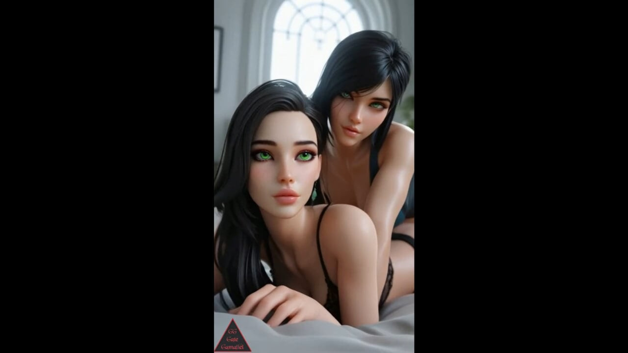 Two Green-Eyed Brunettes Share Cock & Kiss Passionately - FFM Threesome AI POV