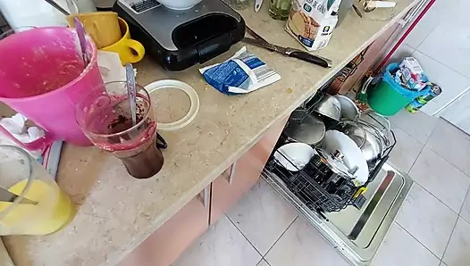 Sexy mom prepares breakfast, hairy pussy, big tits.