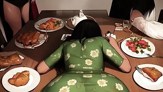 Kadınım elbise giyerek kucağıma oturuyor, ben de Şükran Günü'nde herkesin önünde sikimi içine sokuyorum