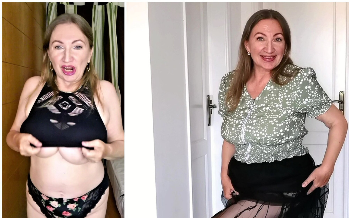 Büyük doğal memeli ateşli orta yaşlı seksi kadın onları sallıyor