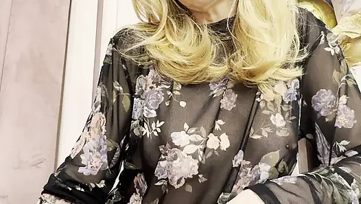 Trying my new sheer blouse in a caffe, showing my hard pierced nipples in public.
