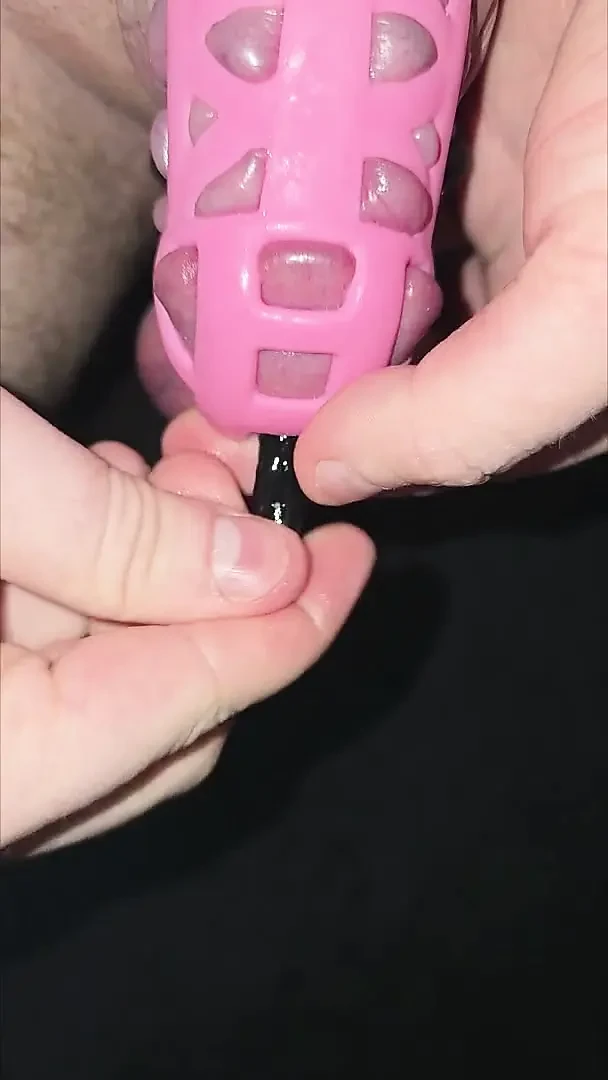 Pembe yarak kafesi ve taşaklarım etrafında birçok yarak halkası giyerken yanlışlıkla penis tıkacımı yarağıma sokuyorum.