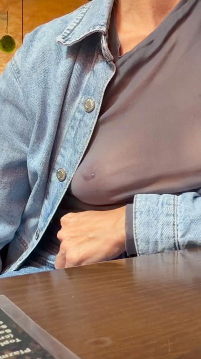 Completely exposing my boobs and nipples in a sheer blouse in a public place | Clip 1