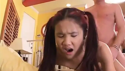 Small breast Asian babysitter seduces then fucks horny old man in bed