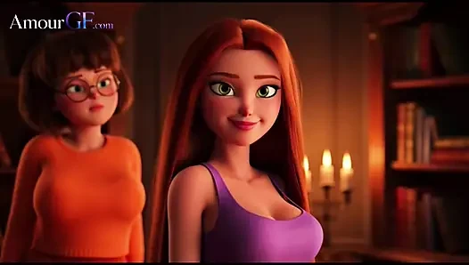 3 boyutlu animasyon Velma buharlı banyoda göt yalıyor ve Daphne açıyor