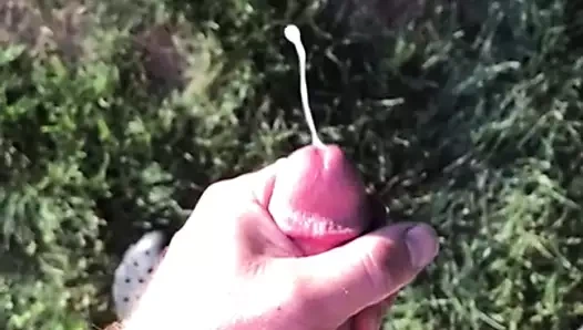 Slow motion jerk outside with huge cumshot