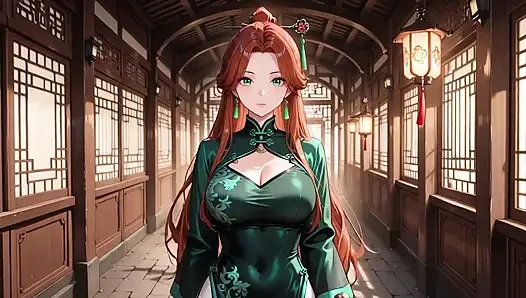 Kızıl saçlı ve zümrüt qipao! Doğu avlusunda tembel baştan çıkarma.